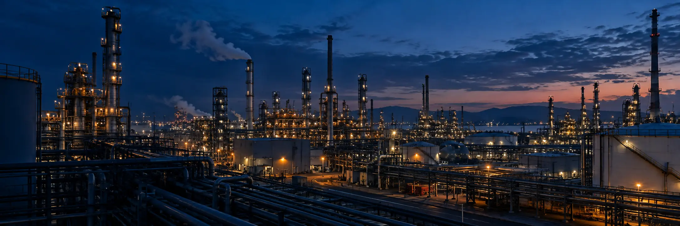 Predictive Maintenance Company | Failure Prevention Associates Gulf Coast refinery at dusk representing Texas and Louisiana industrial plants