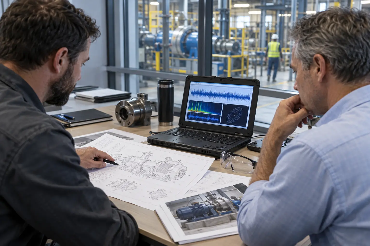 Predictive Maintenance Customer Support | Failure Prevention Associates Reliability engineers reviewing machinery drawings and a service proposal