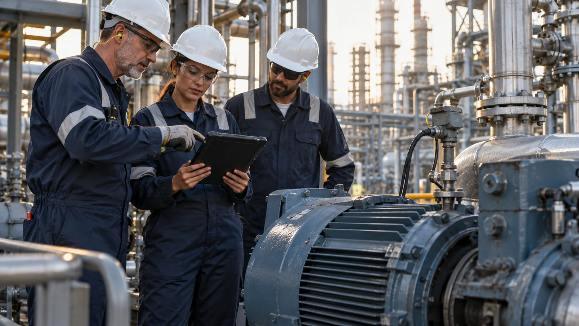 Maintenance technician using a portable vibration analyzer on an industrial electric motor